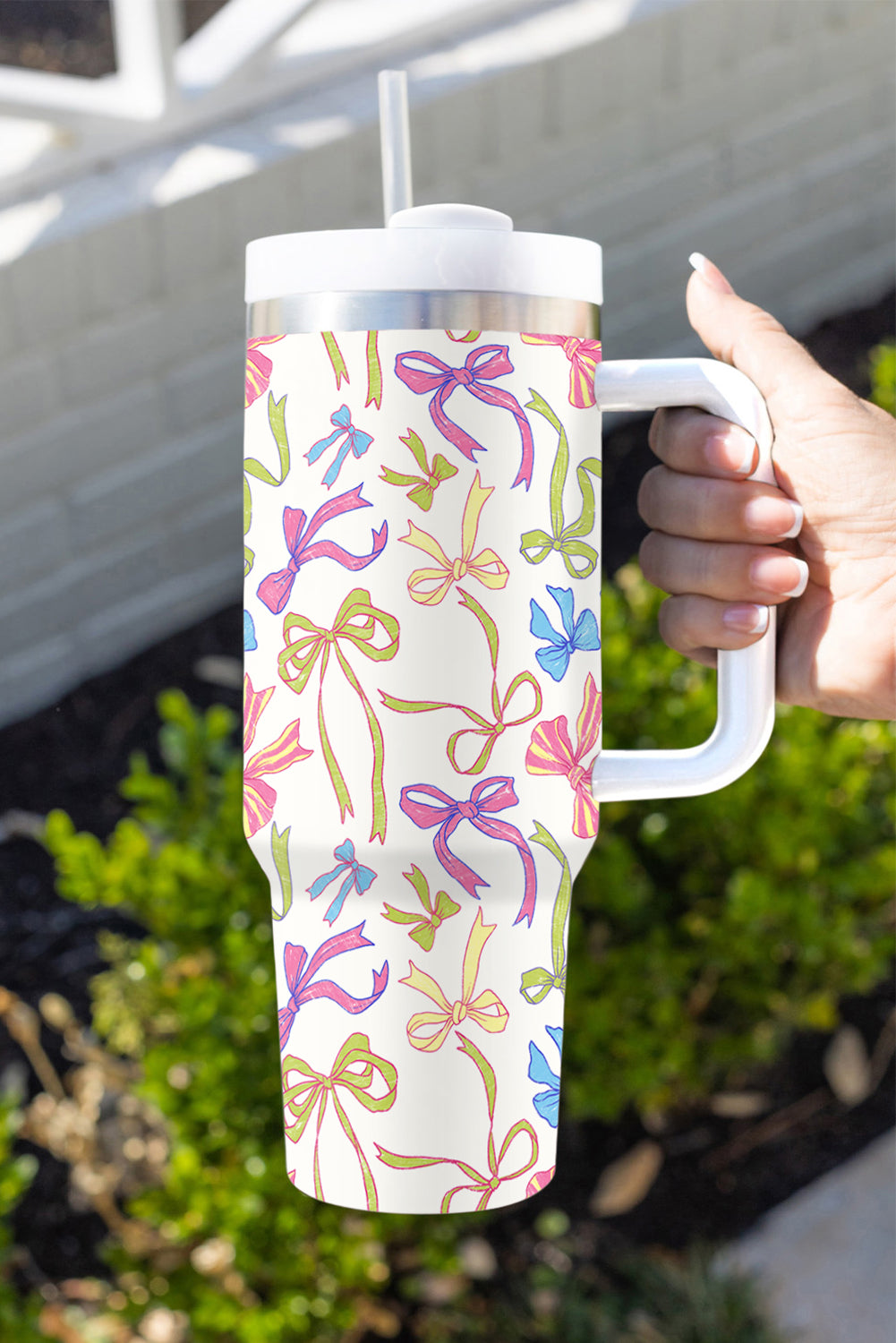 White Bow Knot Print Large Stainless Steel Vacuum Cup 40oz