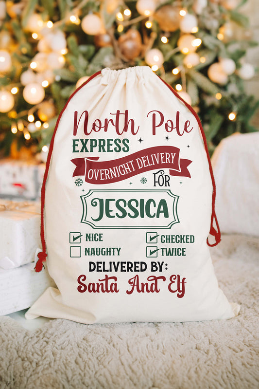 White North Pole Express Christmas Gift Delivery Canvas Sack