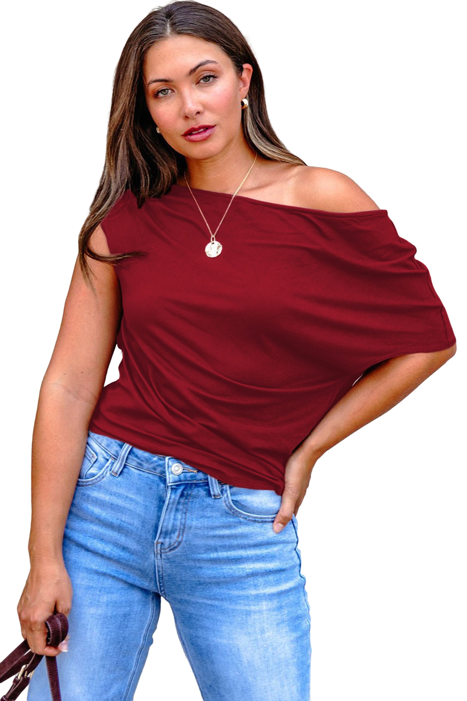 Burgundy Plus Size Solid Color Asymmetric Neck Short Sleeve Blouse