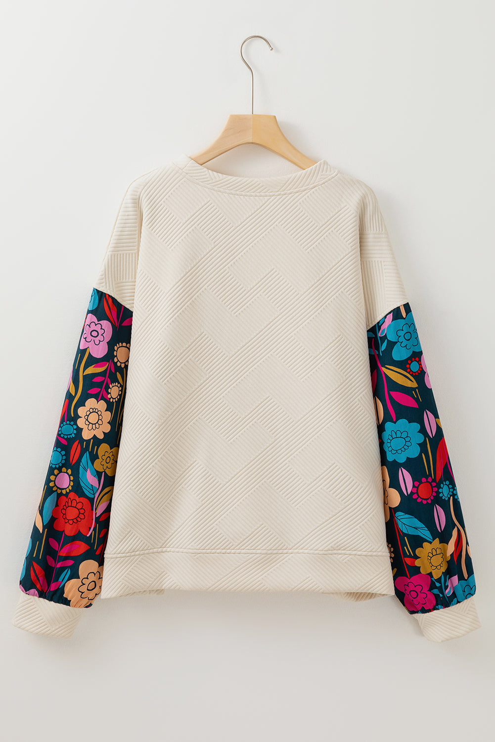 White Floral Patchwork Sleeve Textured Plus Size Pullover Top