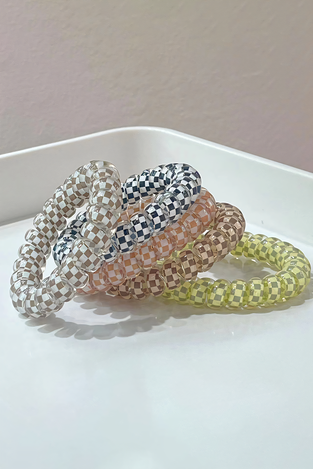 Black Checkered Print Telephone Cord Spiral Hair Tie