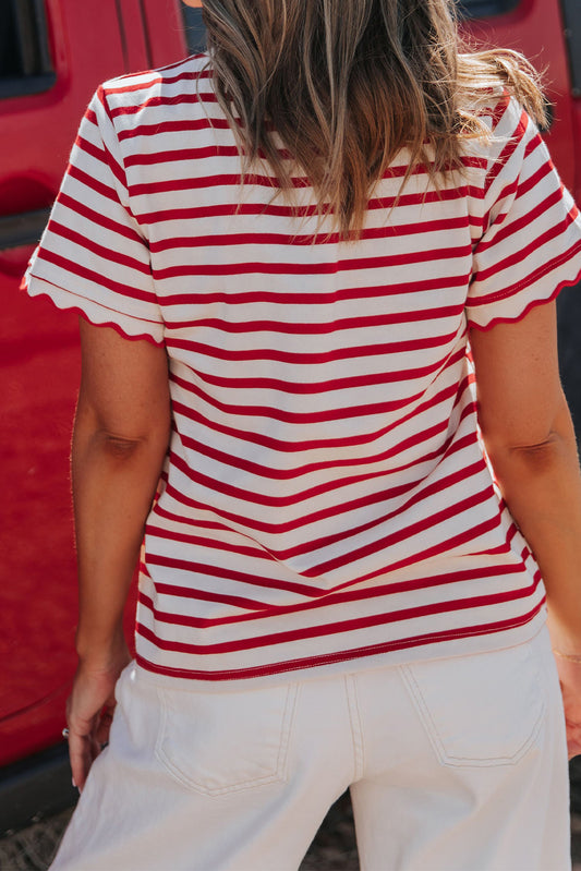 Red Stripe Scalloped Trim Round Neck T Shirt