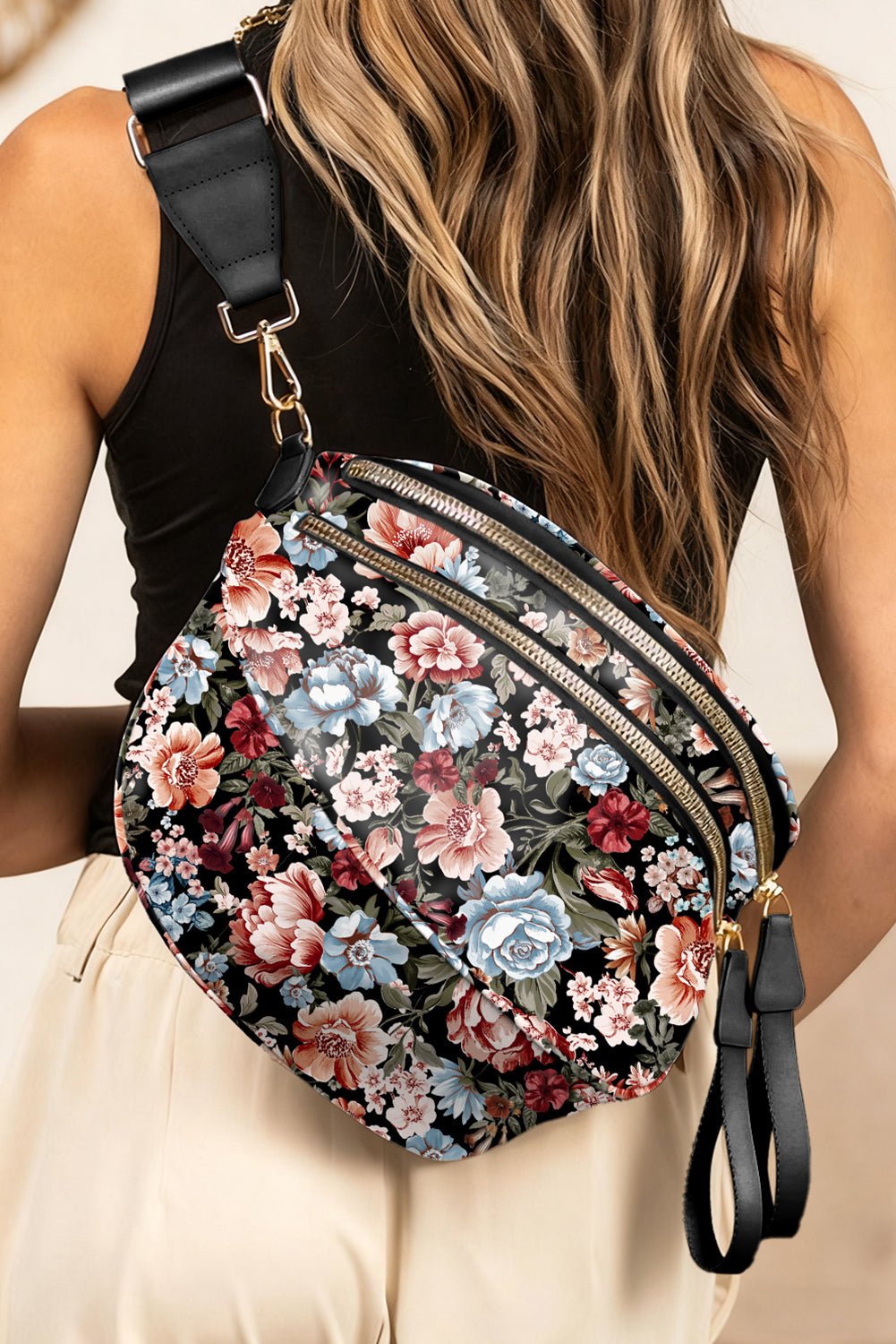 Color black Floral Printed Double Zip PU Leather Crossbody Bag