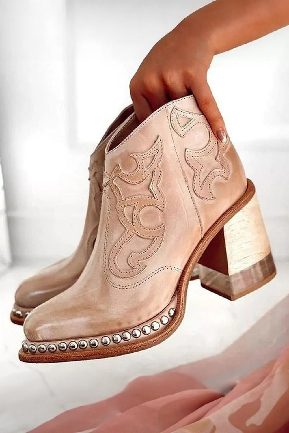 Light French Beige Western Embroidered PU Leather Studded Detail High Heel Ankle Boots