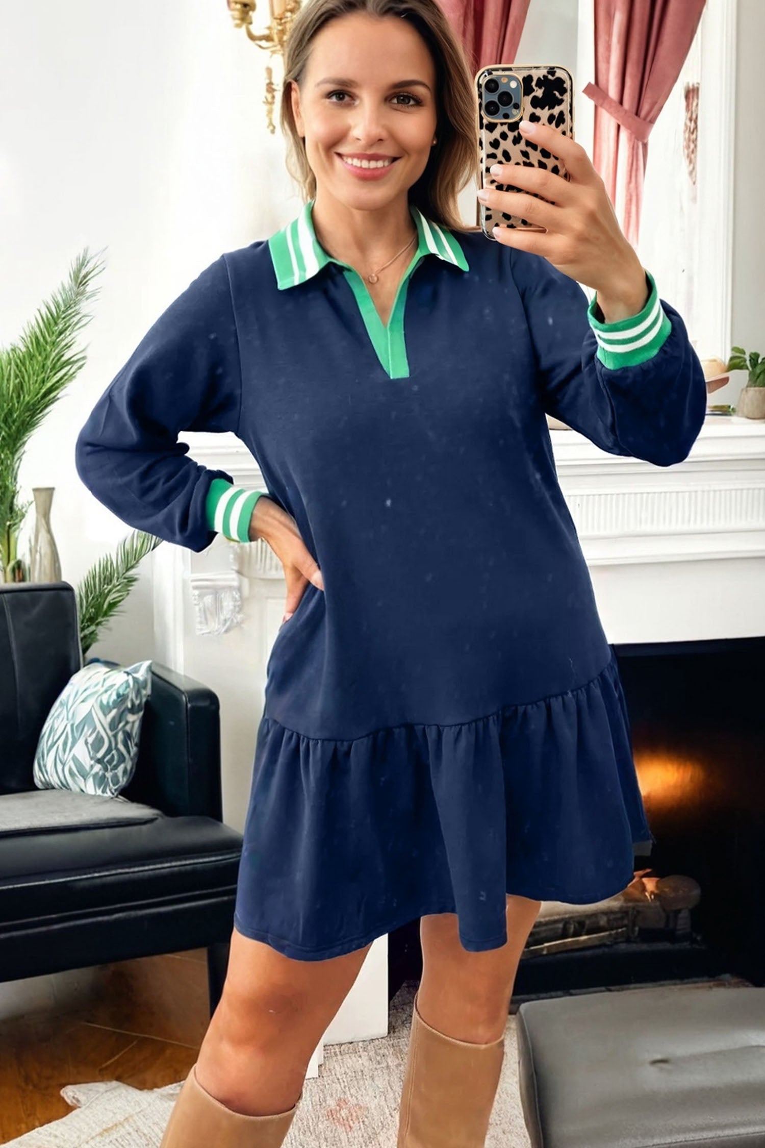 Navy Blue Contrast Striped Cuffs Polo Collar Patchwork Long Sleeve Ruffle Hem Mini Dress