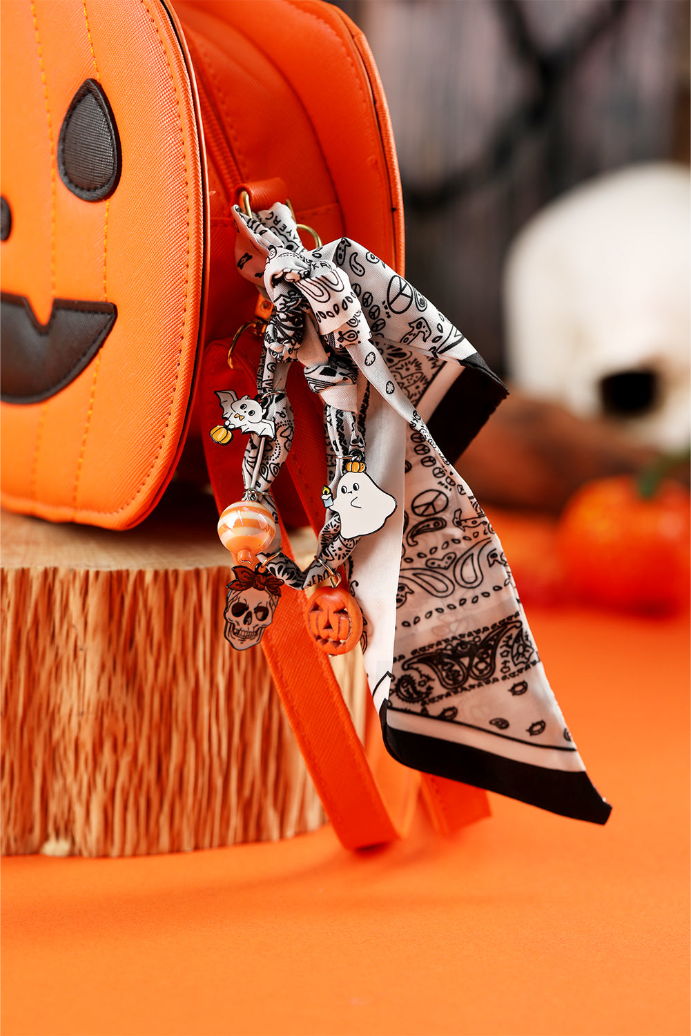 White Boho Printed Knot Scarf Halloween Pumpkin Ghost Charm Necklace
