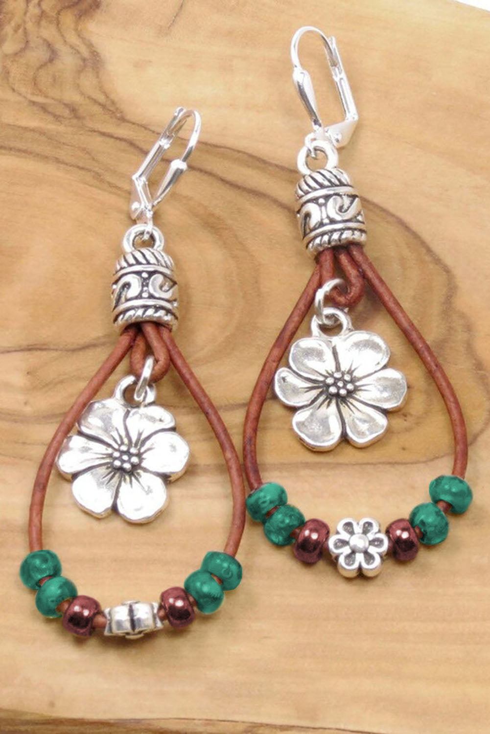Silvery Western Leather Beaded Floral Dangle Earrings