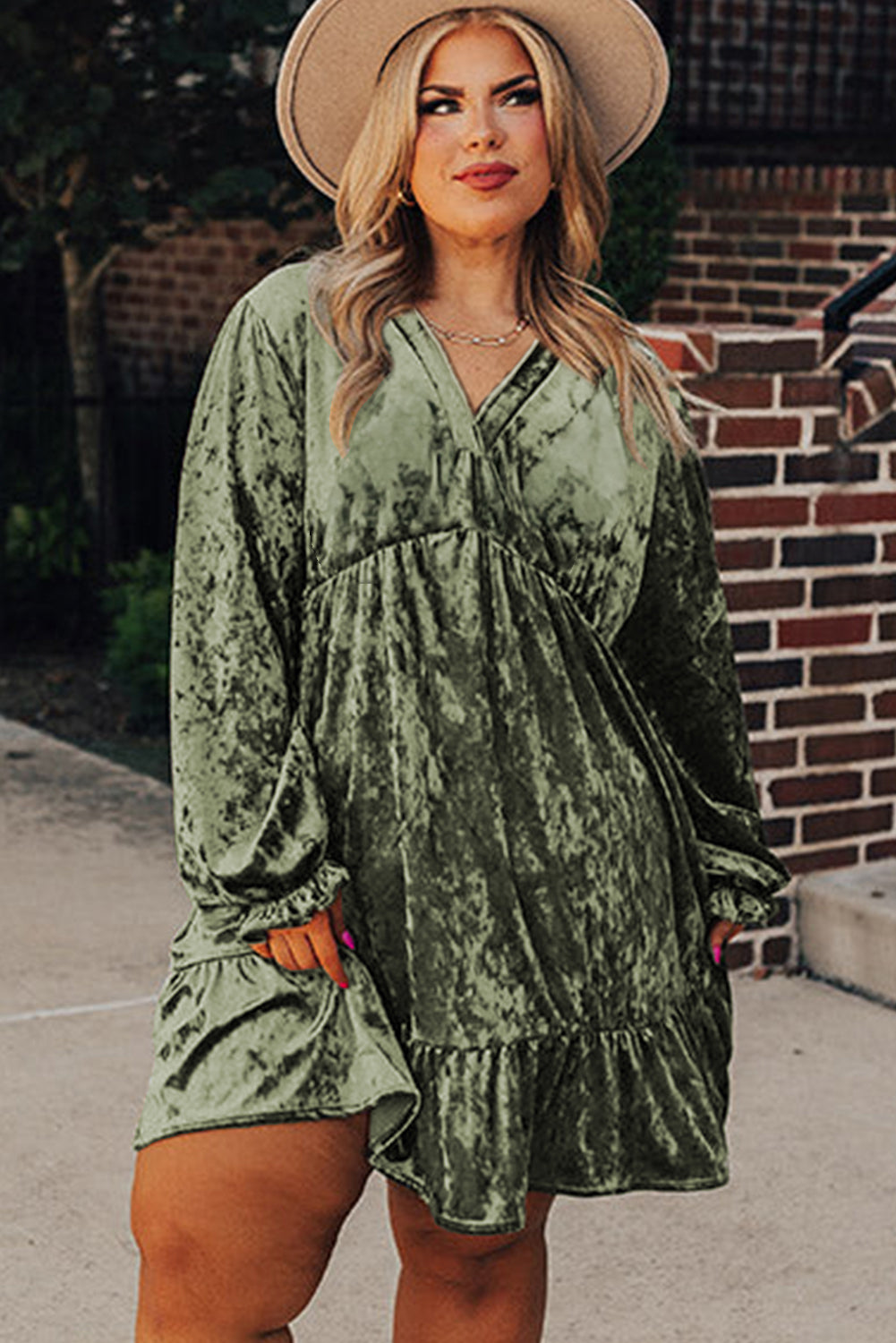 Jungle Green Plus Size Velvet Babydoll Mini Dress with Puff Sleeve Emmeline's Fashion Jungle Green Plus Size Velvet Babydoll Mini Dress with Puff Sleeve Emmeline's Fashion