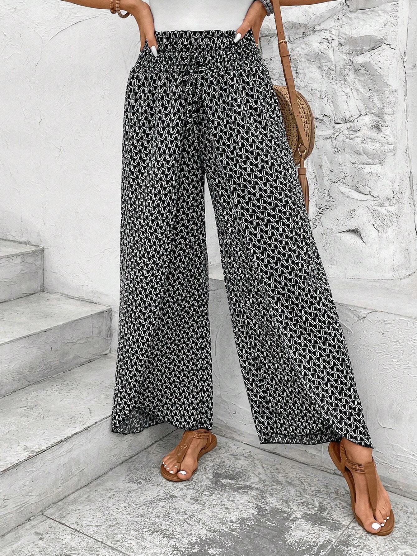 Black Bohemian Print Slit Wide Leg Smocked High Waist Pants