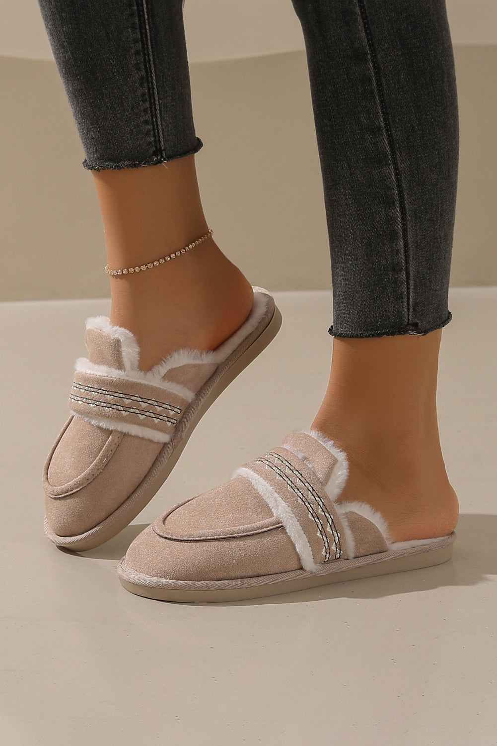 Gray Suede Wavy Striped Plush Lined Slippers