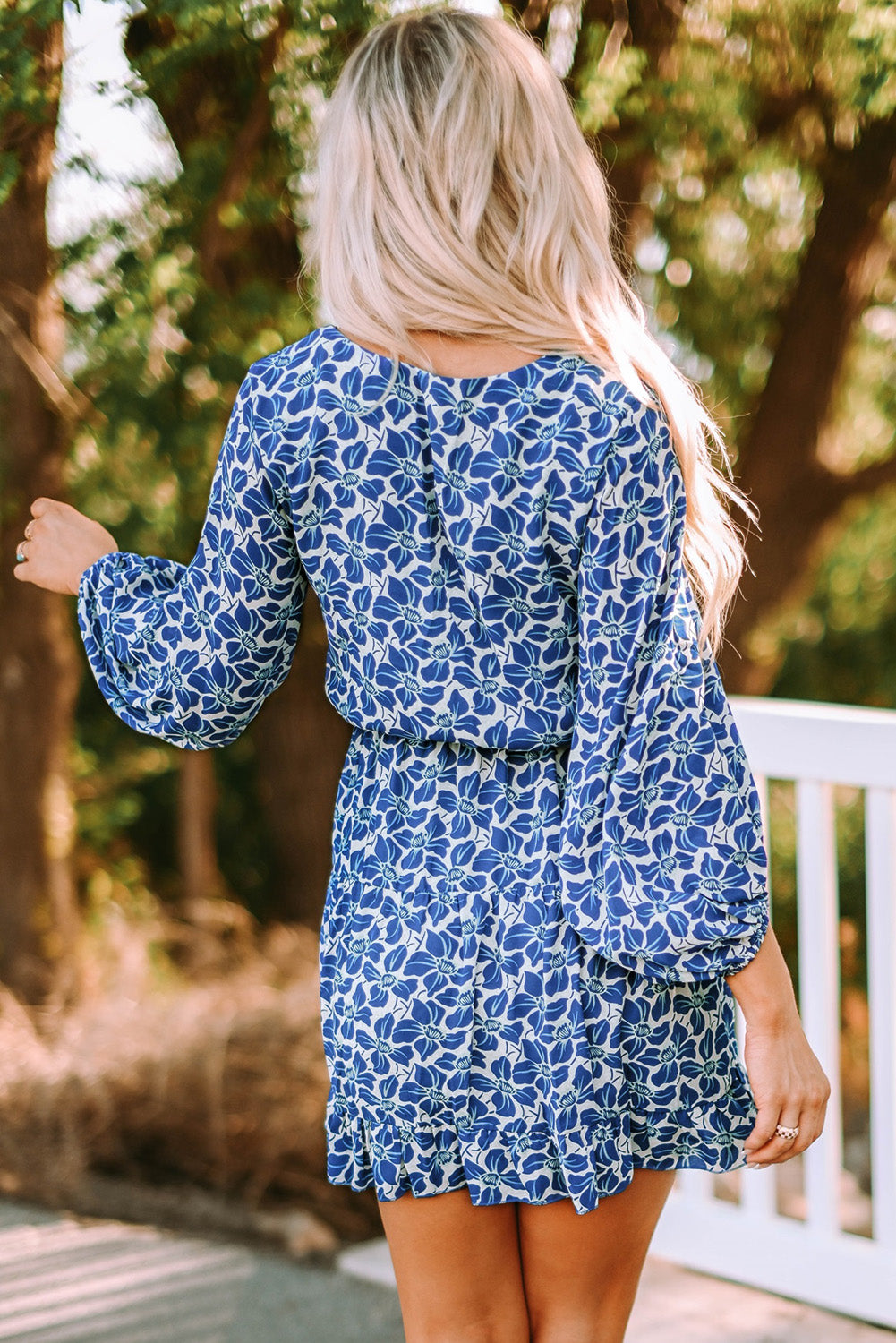 Blue Sky Blue/Blue/Apricot V Neck Lantern Sleeves Floral Tunic Dress