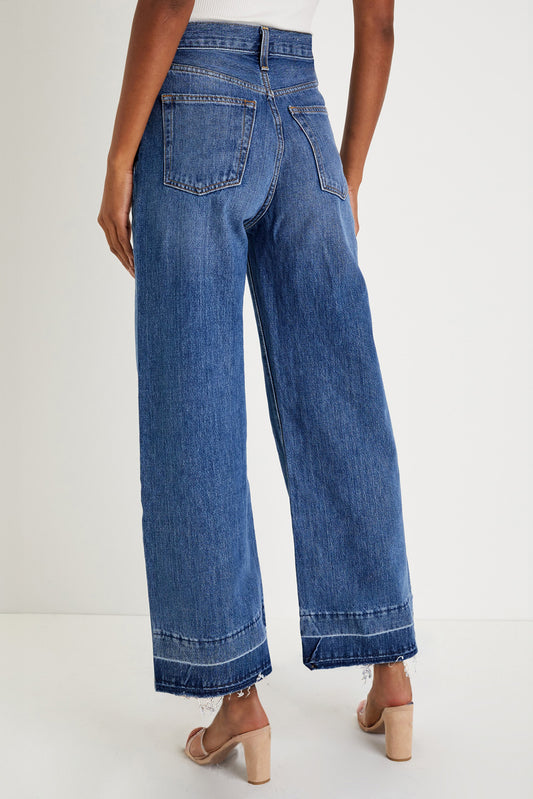 Navy Blue Raw Hem Straight Leg Loose High Waist Jeans