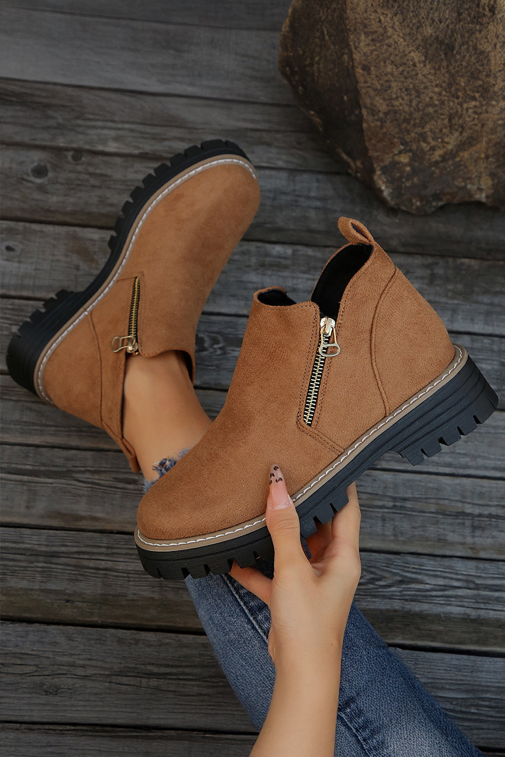 Chestnut Faux Suede Side Zip Ankle Boots