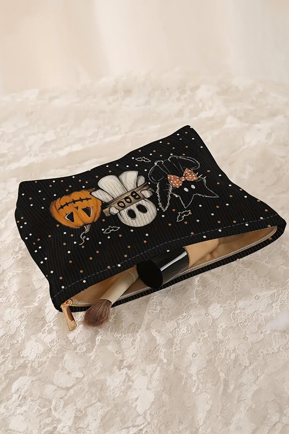 Black Cute Halloween Print Ribbed Makeup Storage Bag