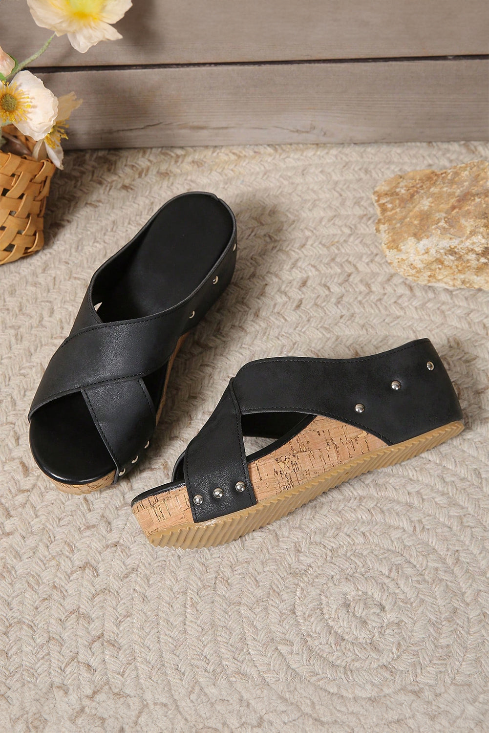 Black Criss Cross Cut Out PU Leather Wedge Slippers