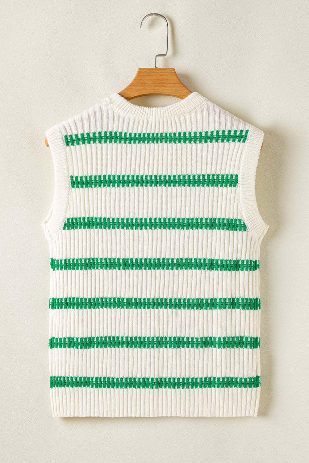 Bright Green Striped Round Neck Casual Sweater Vest