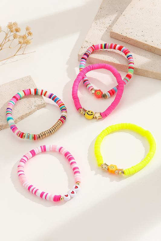 Bright Pink Smile Face Flower Beaded 5pcs Bracelet Set (Color of Flower May Vary)