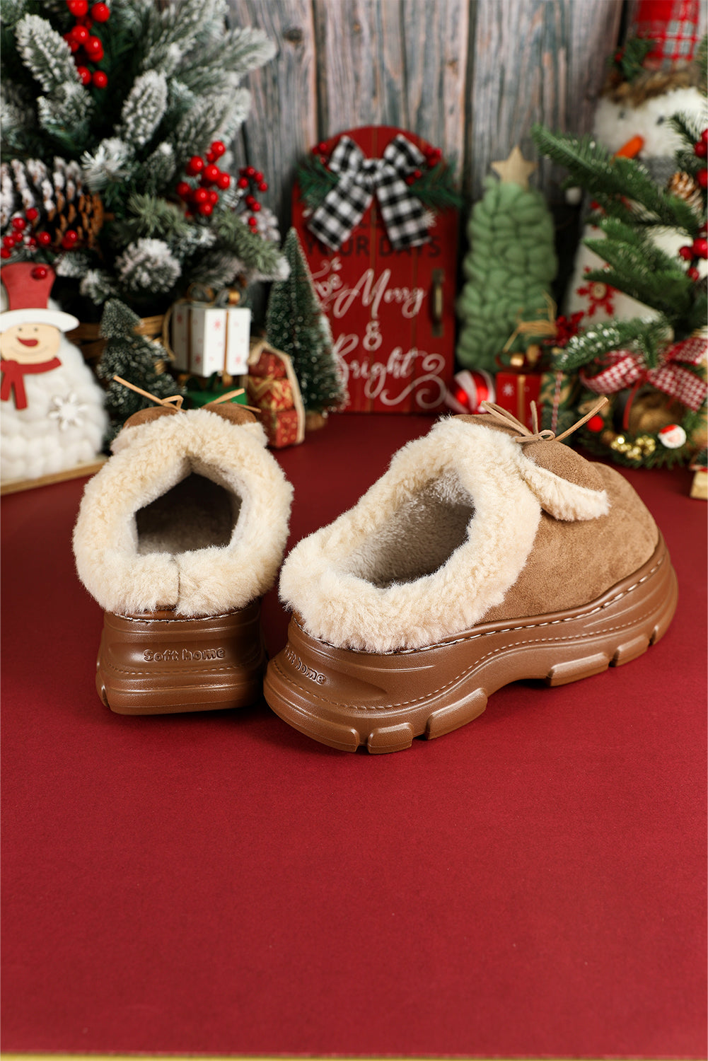 Straw Yellow Cozy Faux Fur Lined Bow Decor Clog Slippers