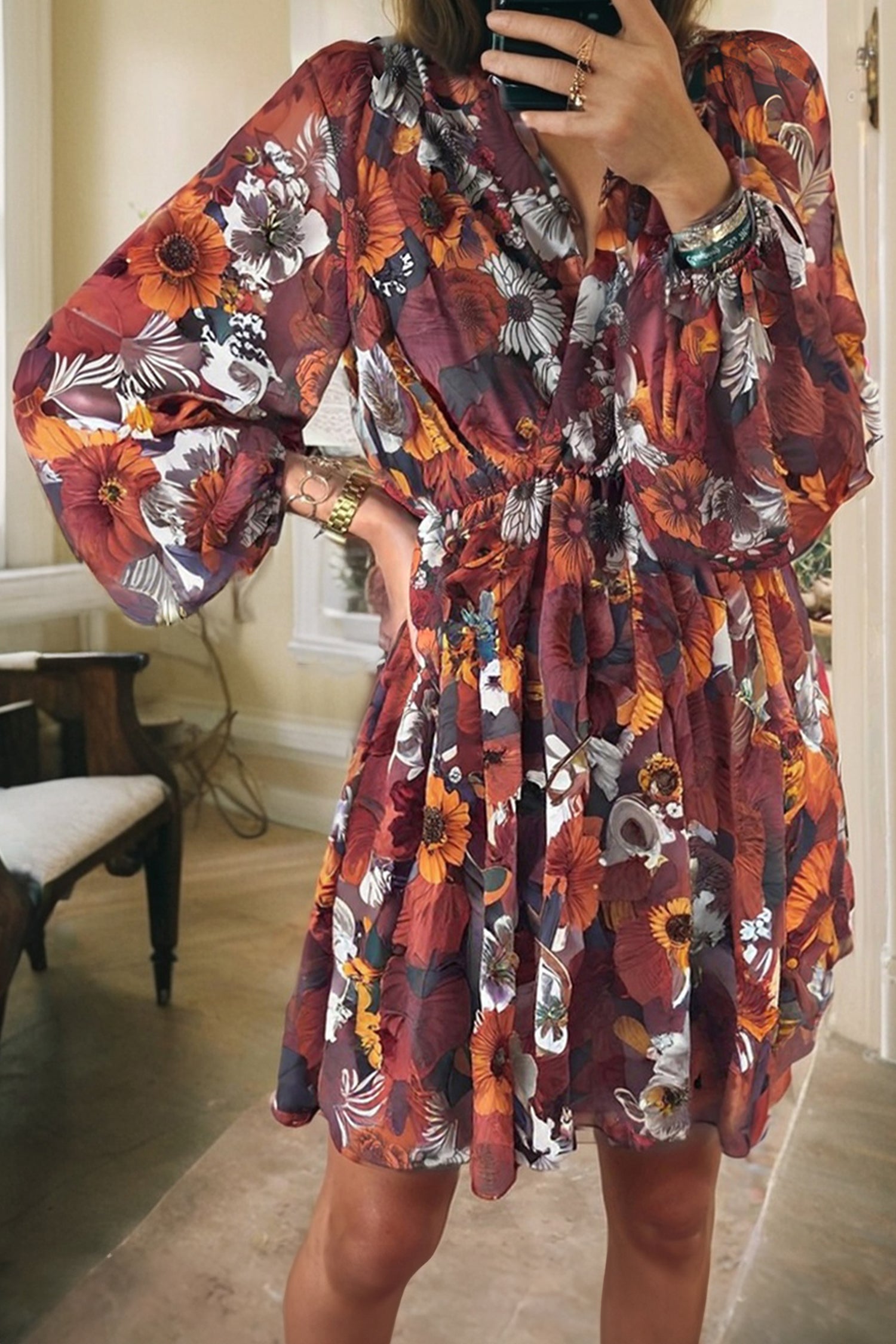 Red Floral Print Wrap V Neck Puff Sleeve Flowy Mini Dress