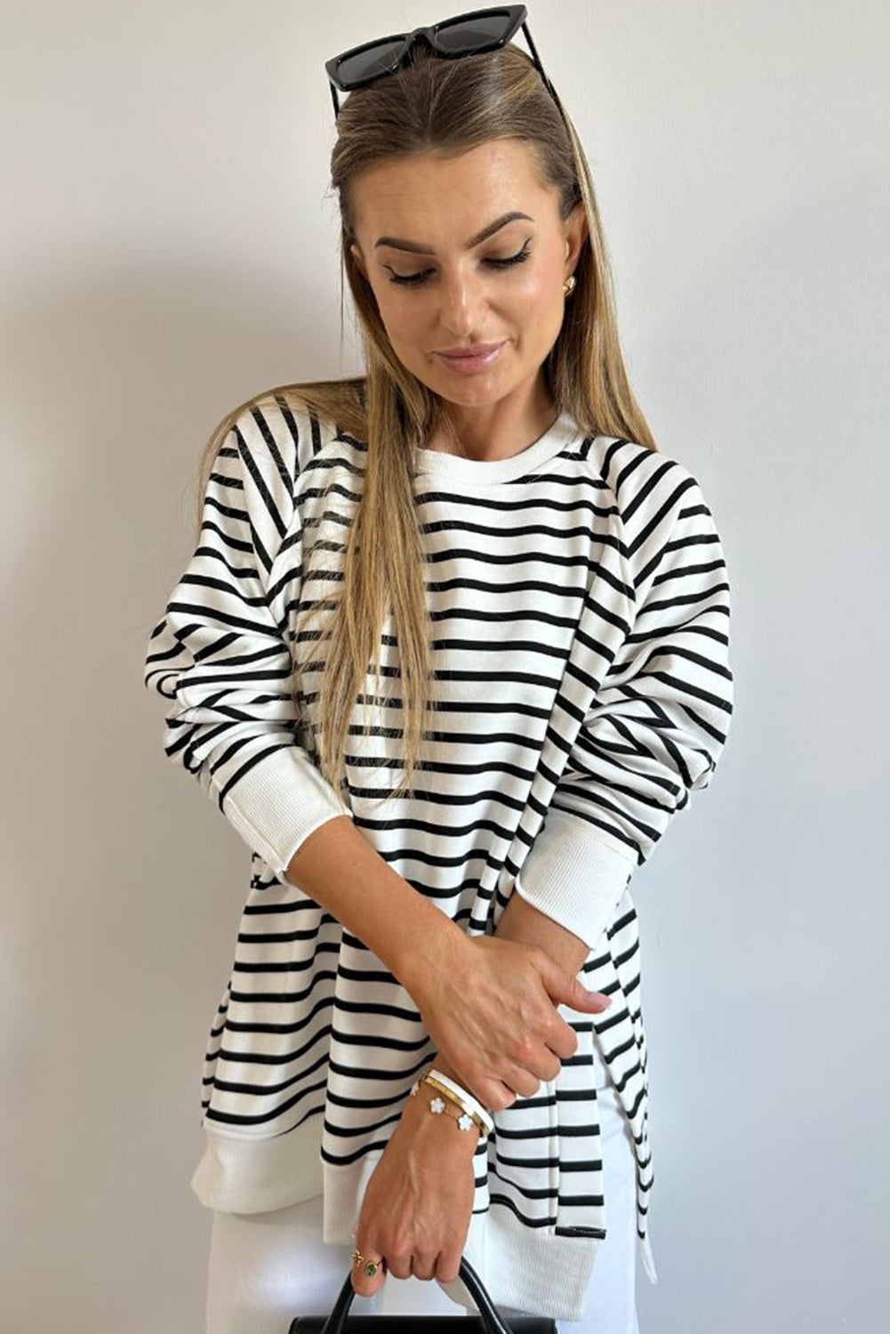 Black Stripe Raglan Sleeve Side Slits Loose Sweatshirt