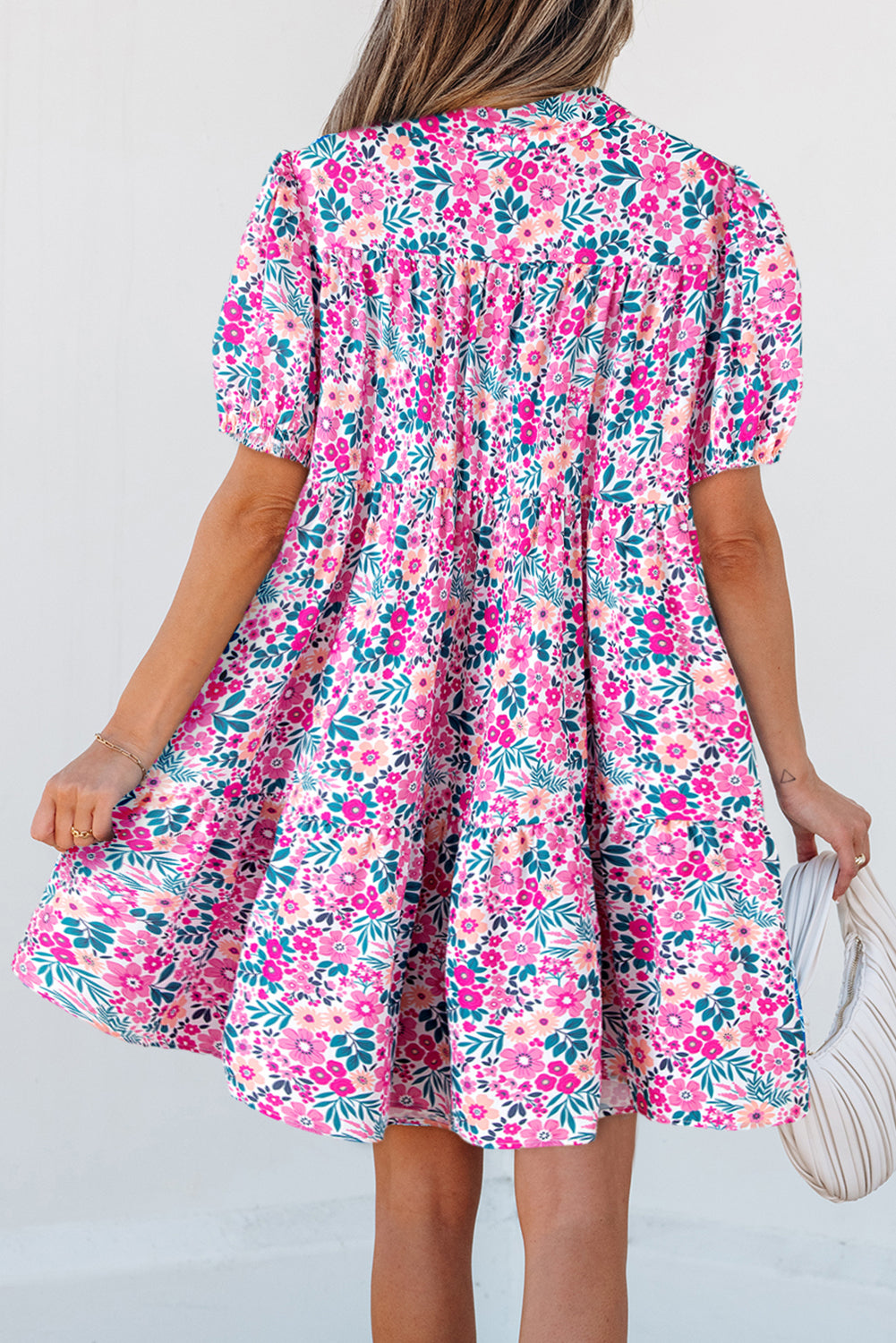 Pink Floral Collared Half Placket Short Sleeve Loose Dress