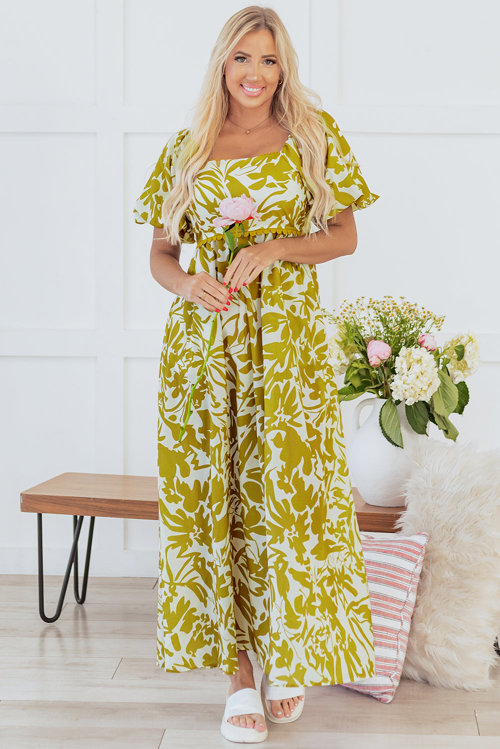 Green Scalloped Trim Square Neck High Waist Floral Maxi Dress