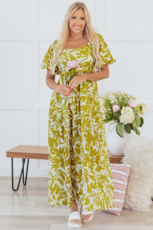 Green Scalloped Trim Square Neck High Waist Floral Maxi Dress