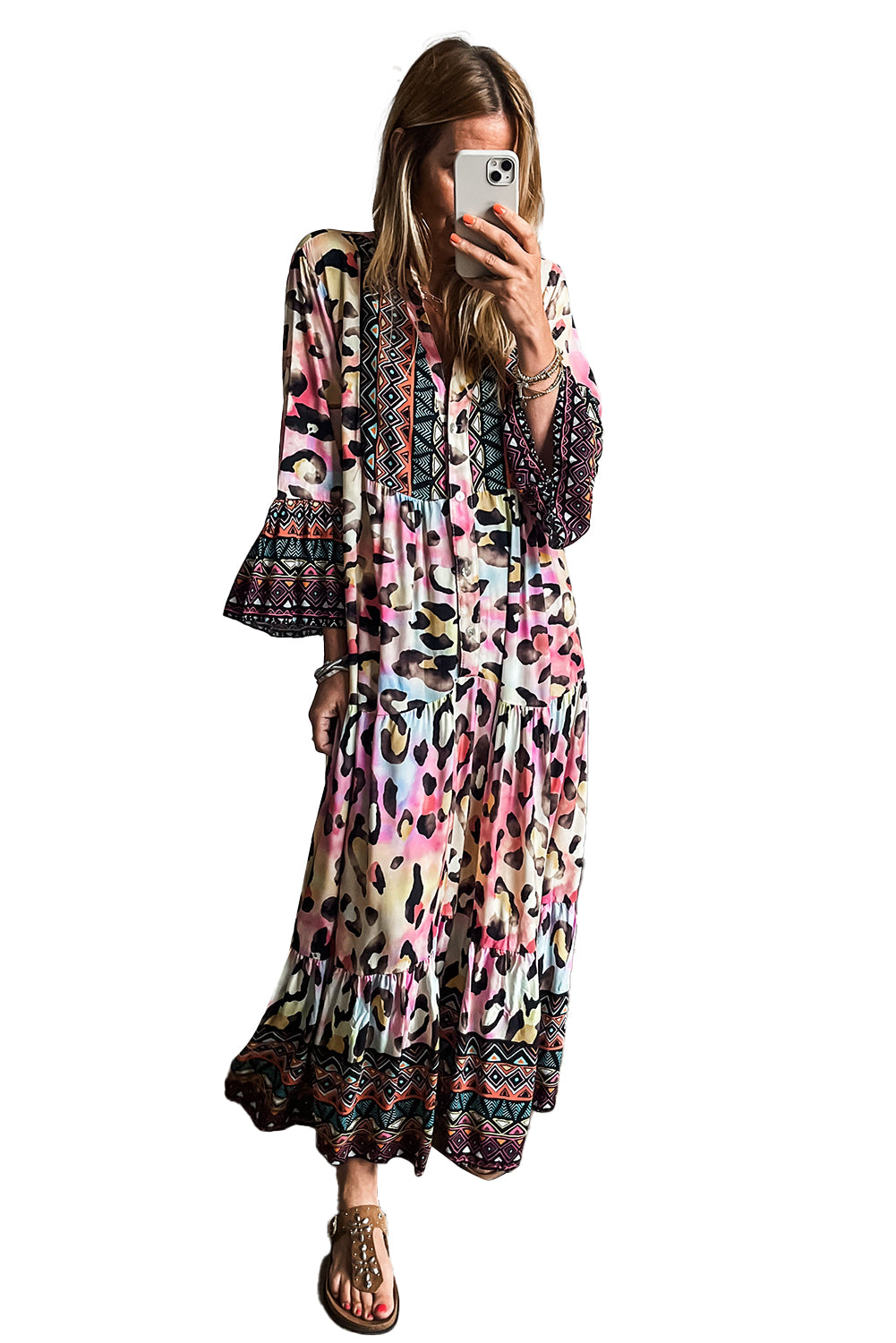 Pink Western Leopard Printed 3/4 Sleeve Buttoned Front Tiered Maxi Dress