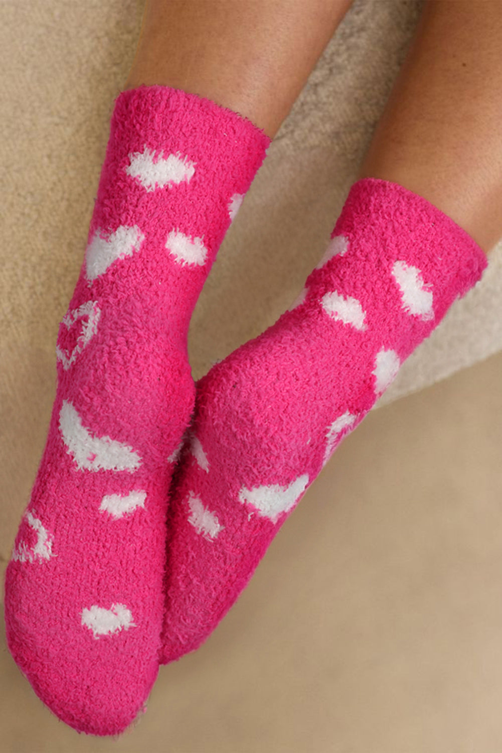 Strawberry Pink Heart Shape Print Coral Fleece Thick Crew Socks