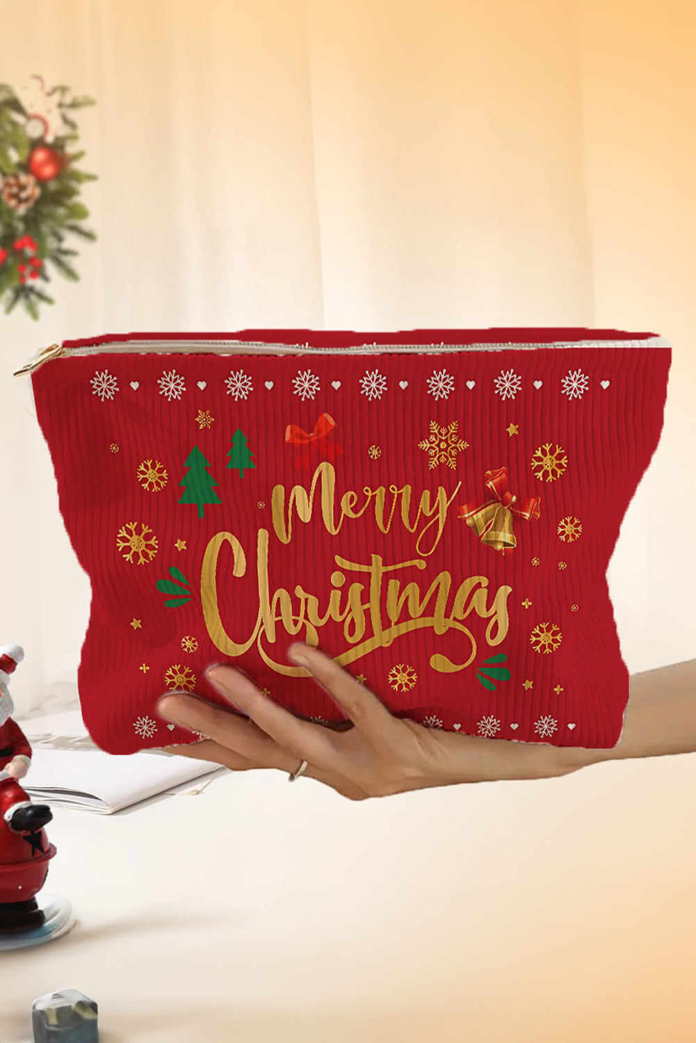 Fiery Red Christmas Fashion Print Corduroy Zip Up Cosmetic Bag