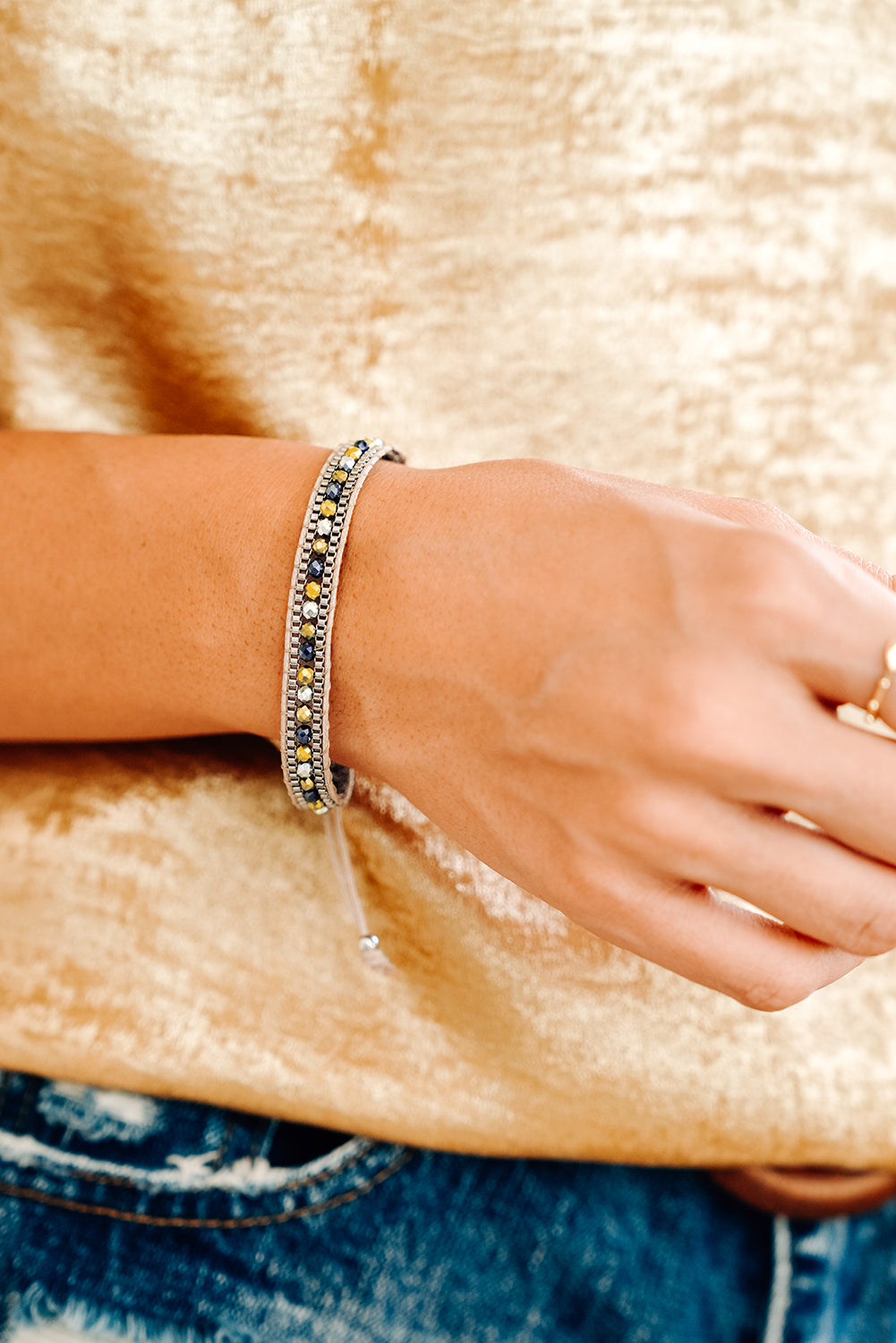 Mustard Adjustable Draw-cord Crystal Beading Bracelet