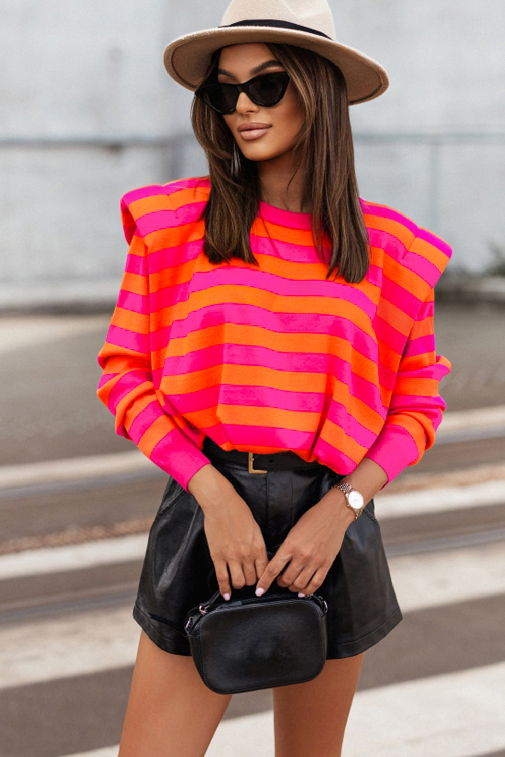 Rose Stripe Shoulder Pad Round Neck Sweater