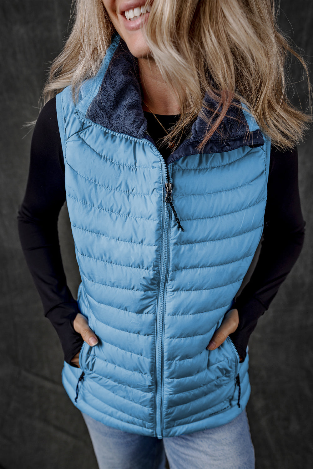 Sky Blue Plush Collared Quilted Zipped Puffer Vest