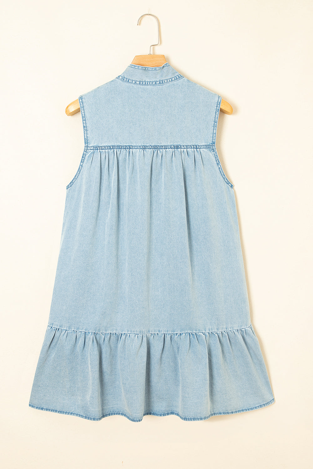 Beau Blue Bowknot Neck Sleeveless Ruffled Chambray Dress