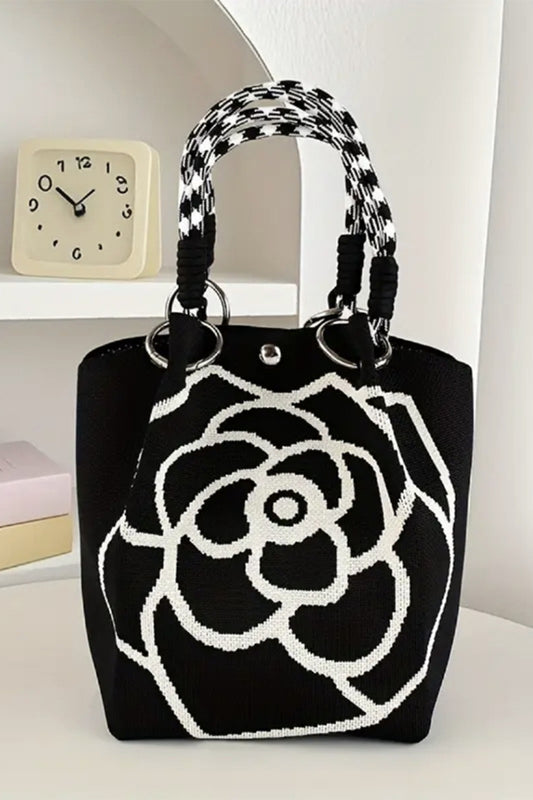 Color black Retro Rose Flower Large Knitted Tote Bag