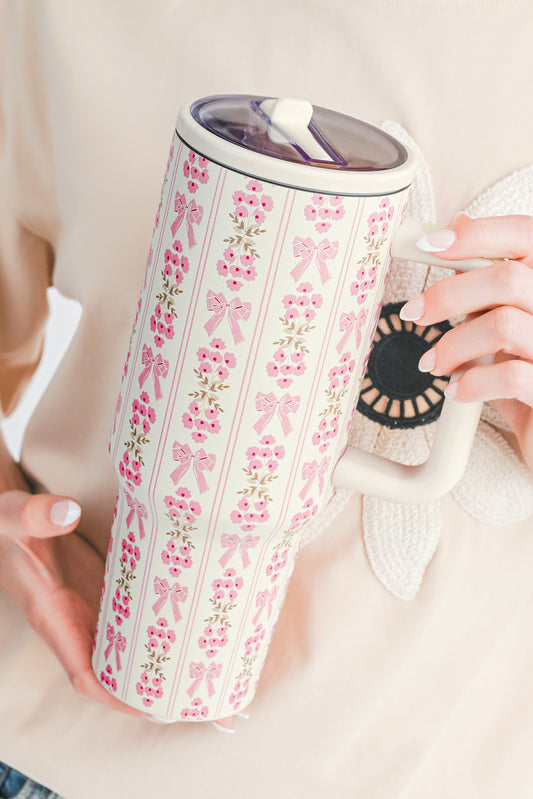 White Sweet Bow Flower Print Straw Insert Tumbler Cup 40oz