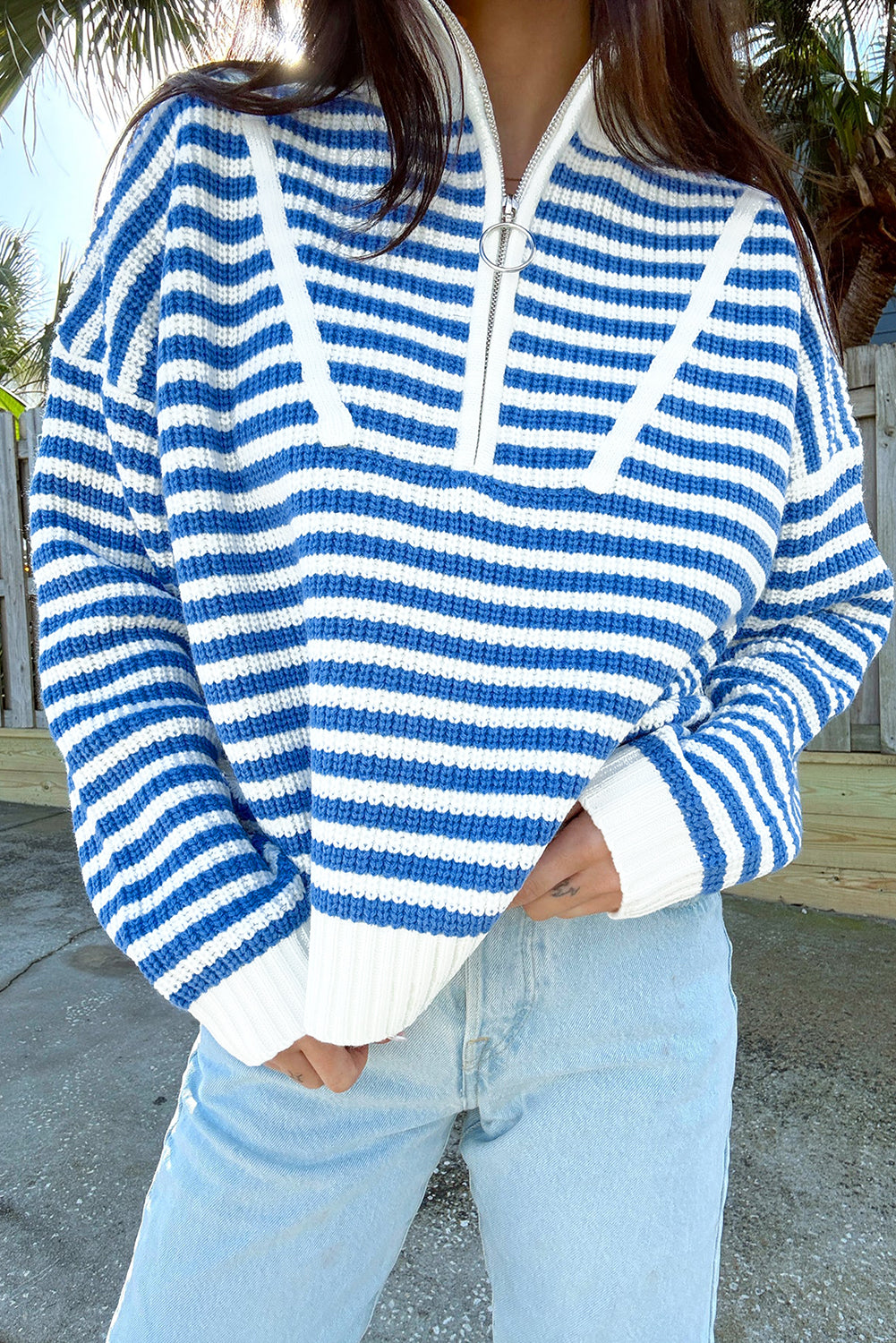 Sky Blue Stripe Zip up Collar Drop Shoulder Sweater