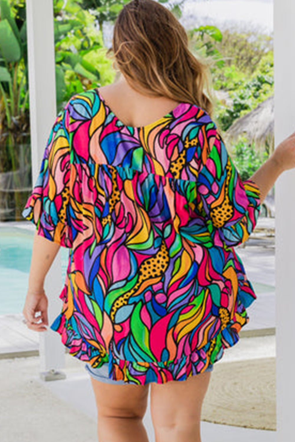 Rose Abstract Print Plus Size Frilly Trim Blouse