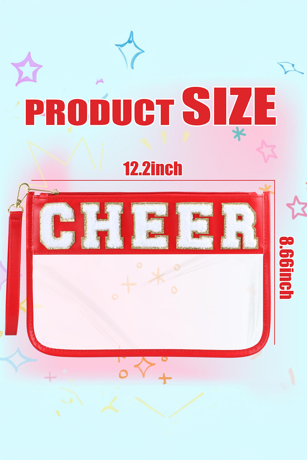 Fiery Red CHEER Chenille Letter PU Leather Patchwork Clear Makeup Bag