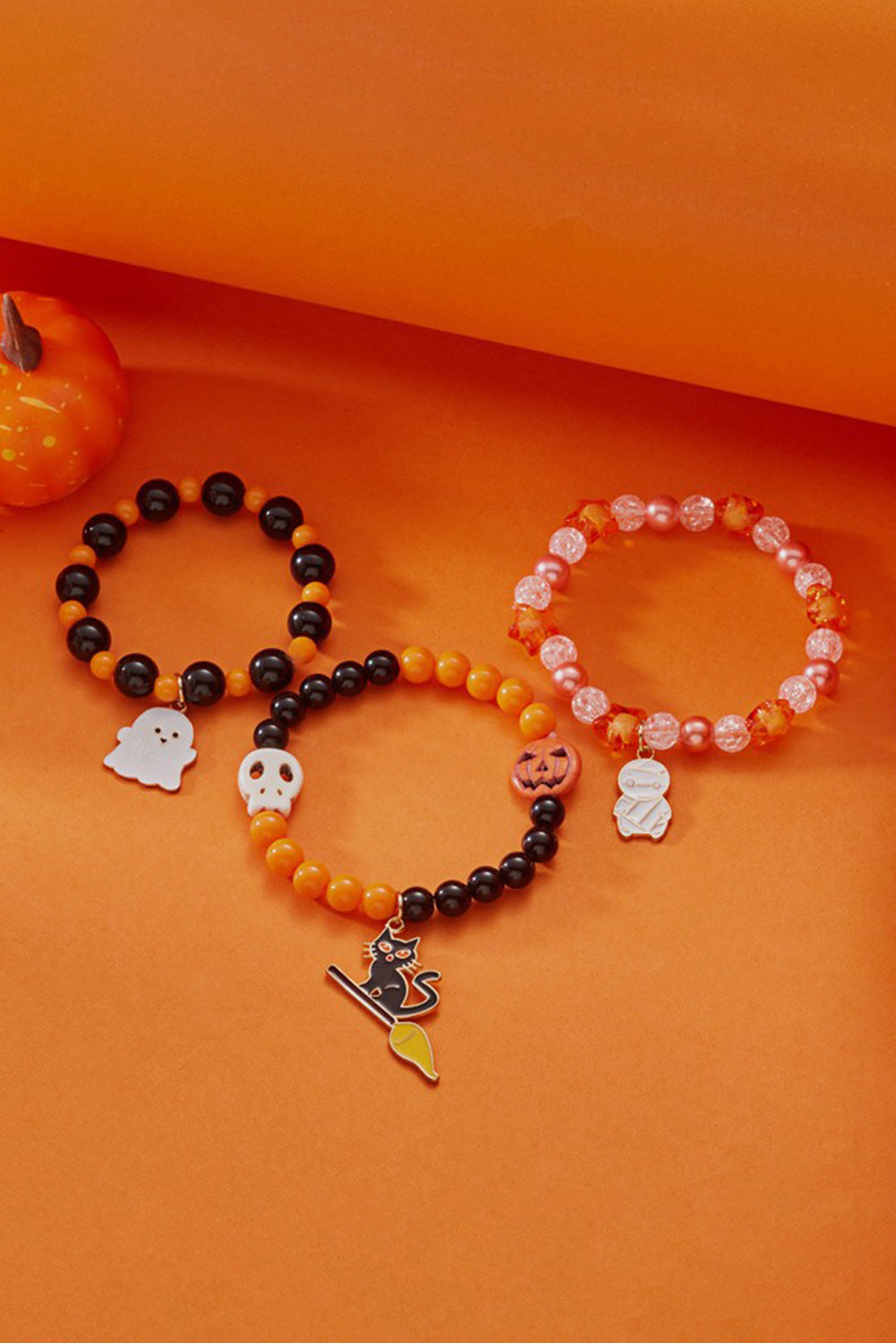 Orange 3pcs Halloween Pendent Elastic Beading Bracelet