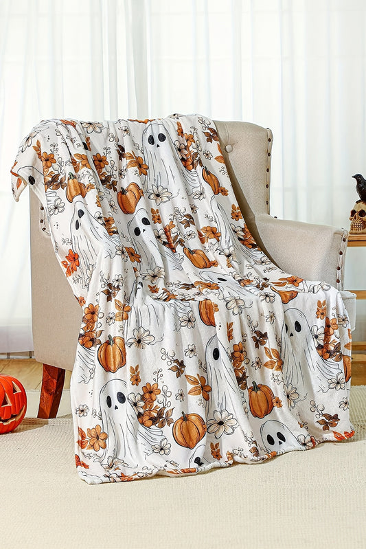 Orange Halloween Ghost Pumpkin Print Fleece Throw Blanket
