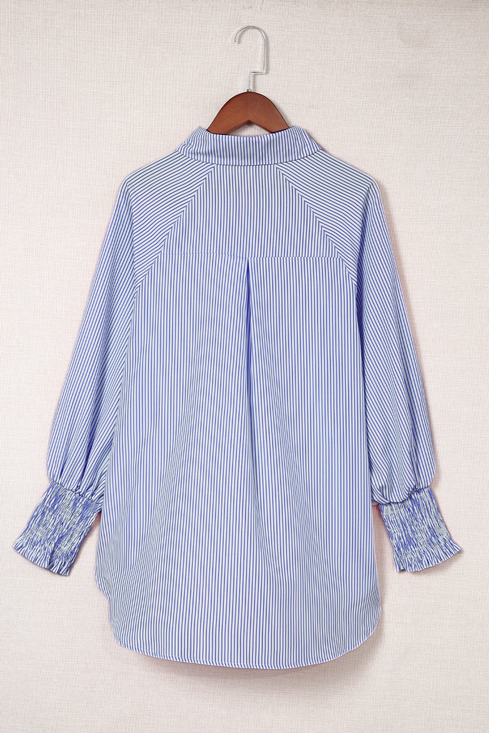 Blue Stripe Smocked Cuffed Striped Boyfriend Shirt with Pocket
