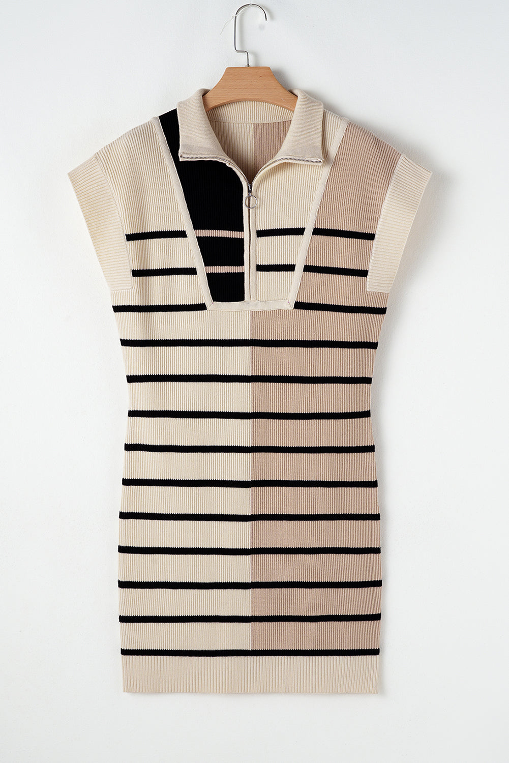 Khaki Stripe Color Block Quarter Zip Collar Short Sleeve Sweater Dress