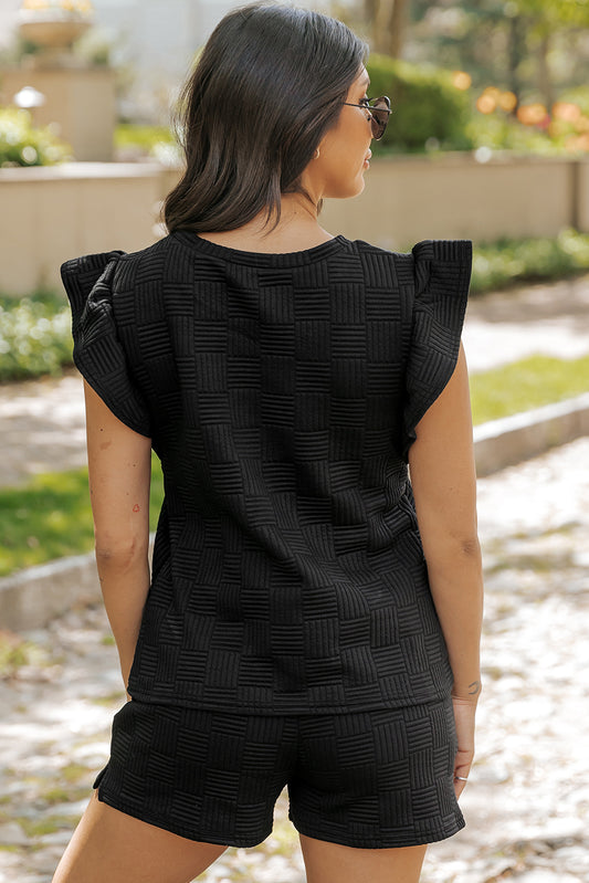 Black Textured Ruffled Sleeve Tee and Drawstring Elastic Waistband Shorts Set