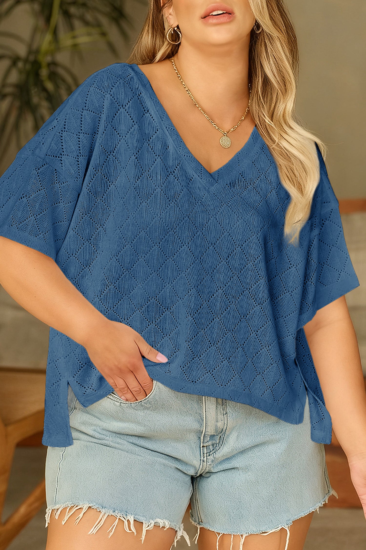 Sky Blue Pointelle Rhombus Knit Plus Size V Neck Loose Top