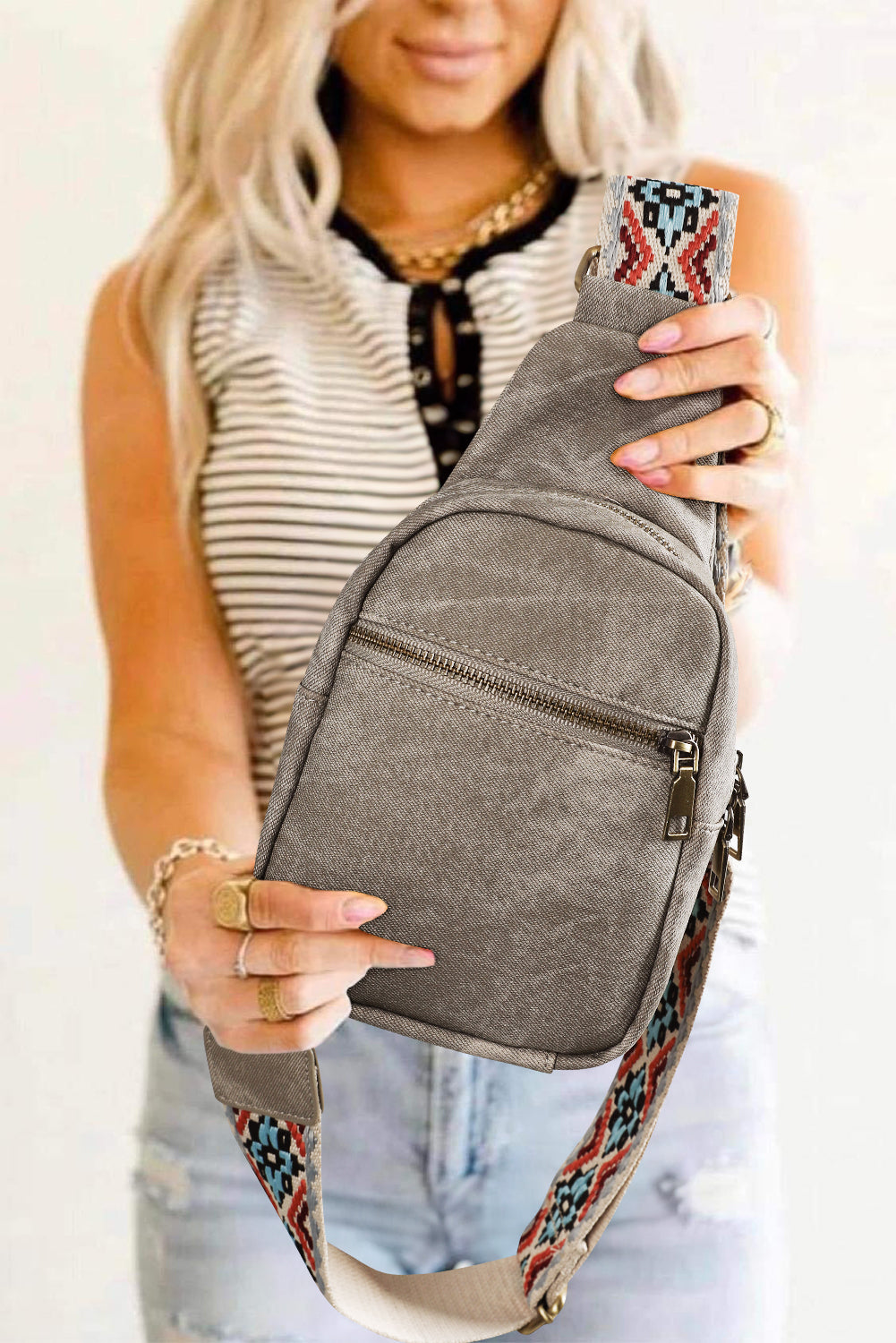 Dark Grey Geometric Print Strap Multi Pocket Sling Bag