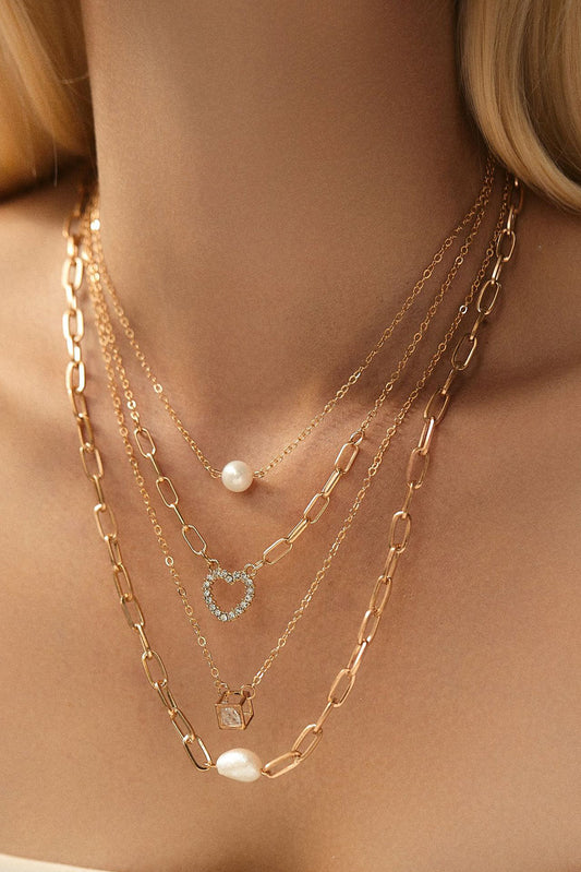 Gold 4pcs Pearl Cube Heart Pendant Plated Necklace Set