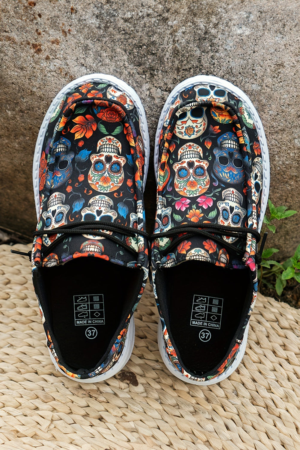 Black Sugar Skull Print Lace-up Detail Halloween Flat Shoes