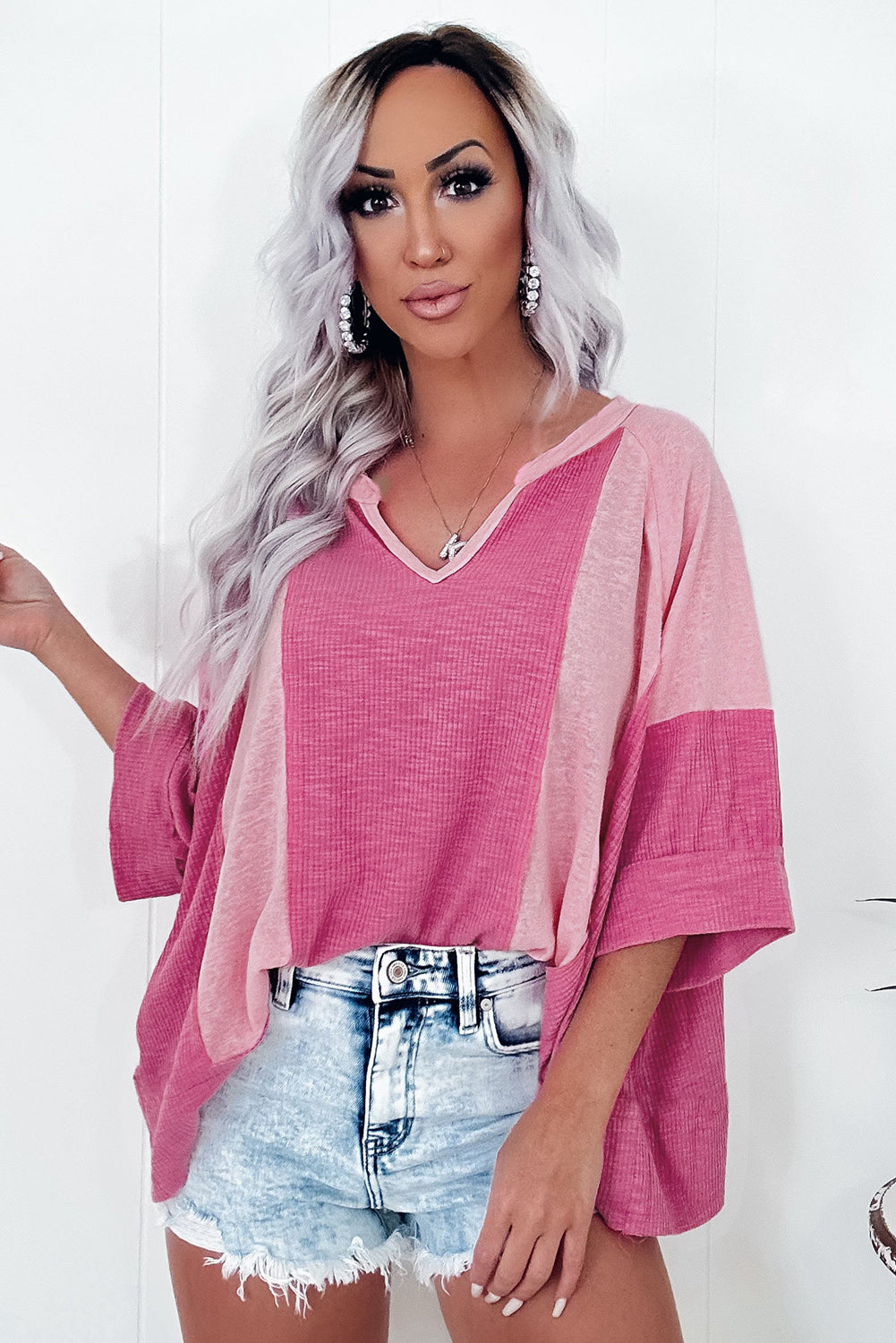 Bright Pink Textured Colorblock 3/4 Sleeve Oversize Top