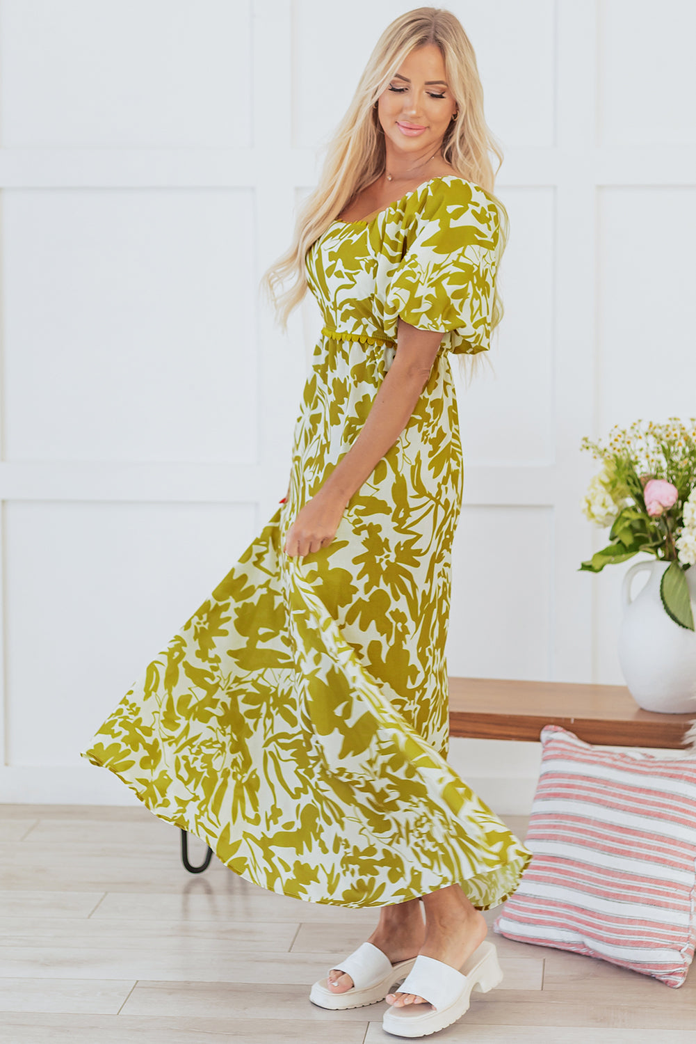 Green Scalloped Trim Square Neck High Waist Floral Maxi Dress